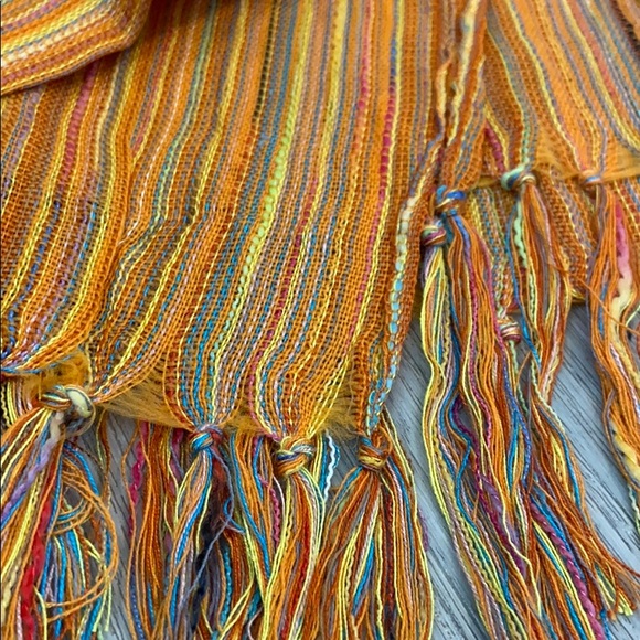 Hand woven rayon textured orange & multicolor fringe Scarf pashmina wrap - Picture 2 of 4